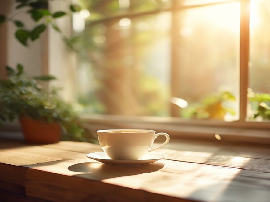 Bright morning light streaming through an open window with a cup of tea